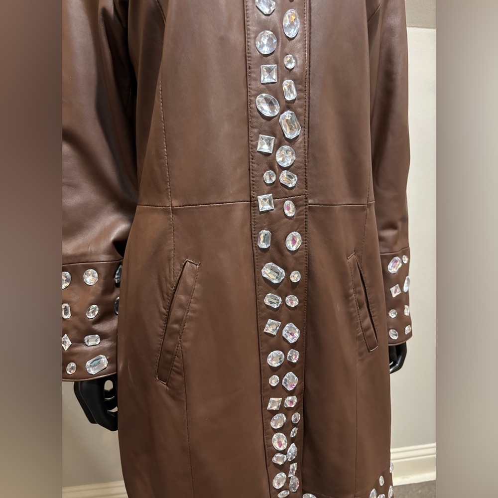 Boston Proper Brown Leather Embellished Long Coat Jacket Sz M Unique - Picture 4 of 10